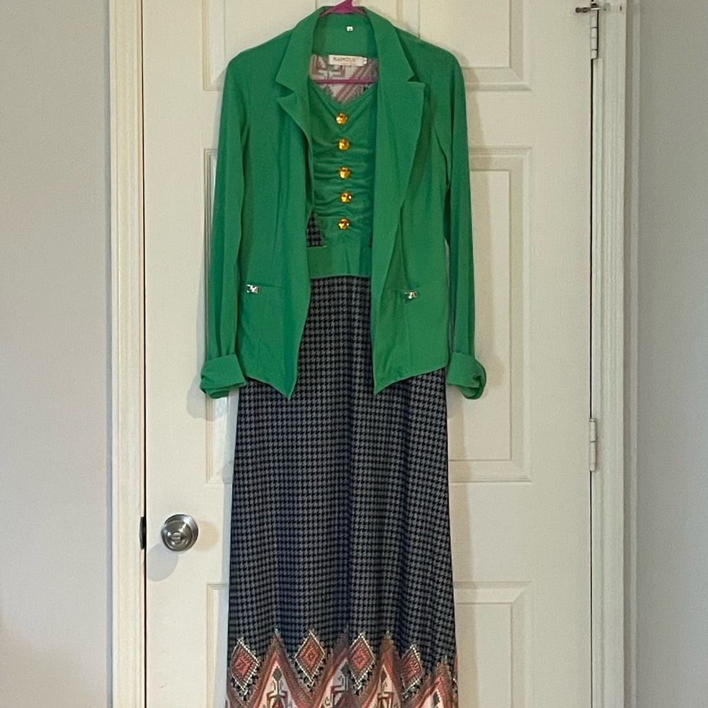 Brand new green blazer with unique patterned dress